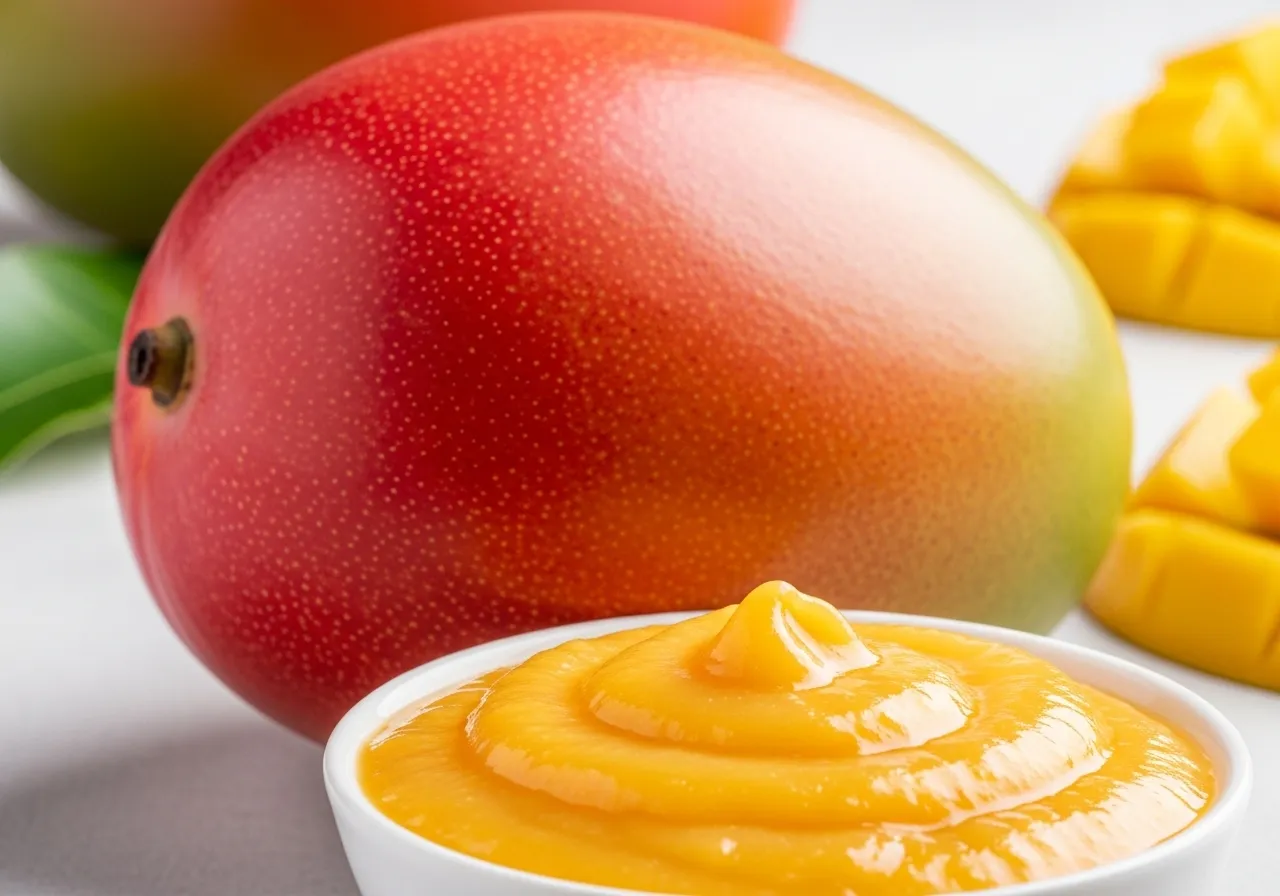 Mango fresco y puré de mango.