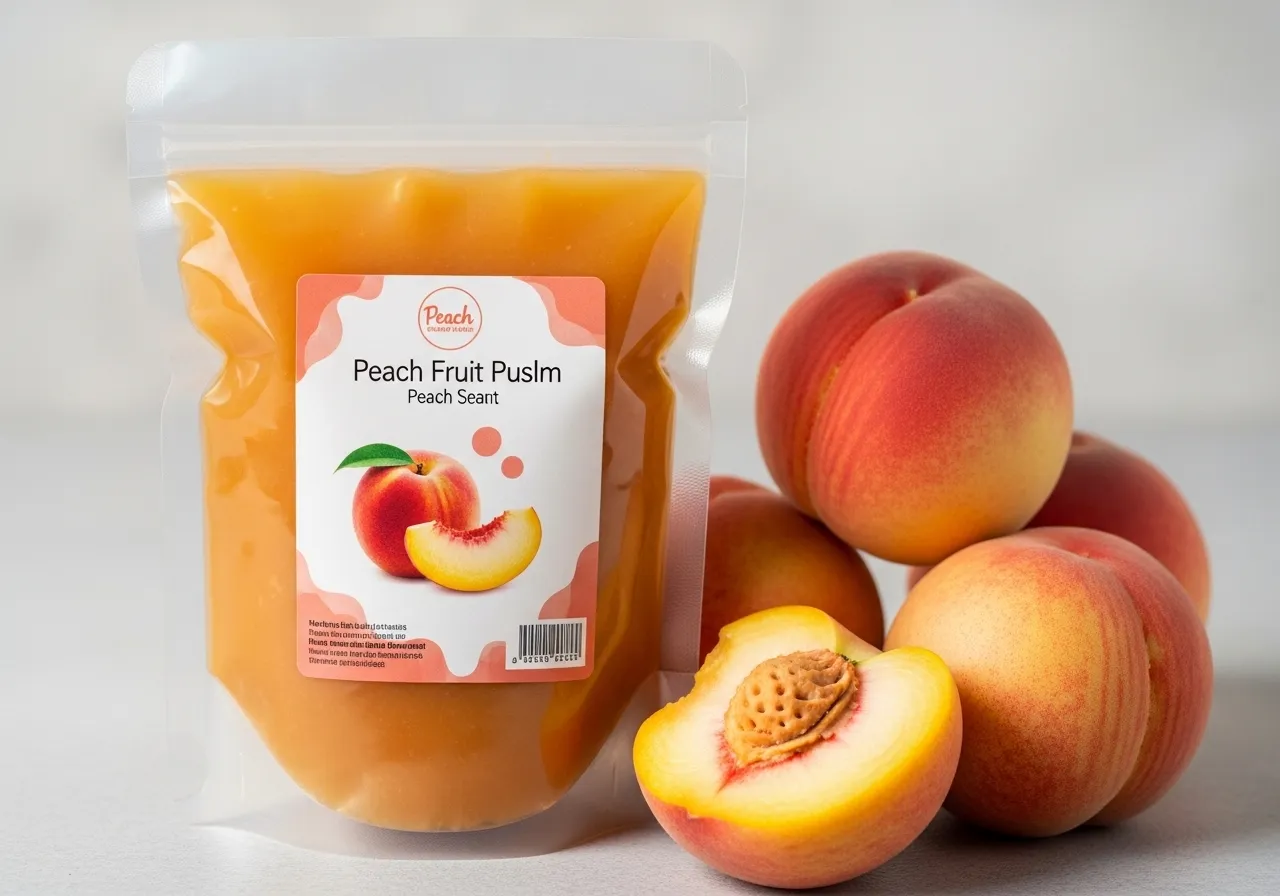 Paquete de pulpa de fruta de durazno con duraznos frescos.
