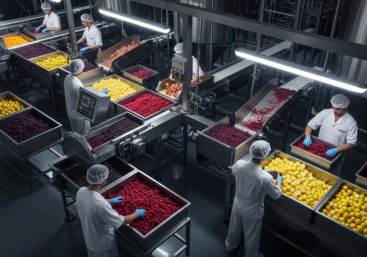 Instalación de procesamiento de pulpa de fruta con maquinaria moderna.