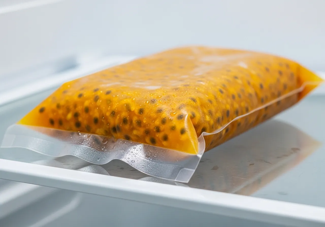 Paquete de pulpa de maracuyá en refrigerador