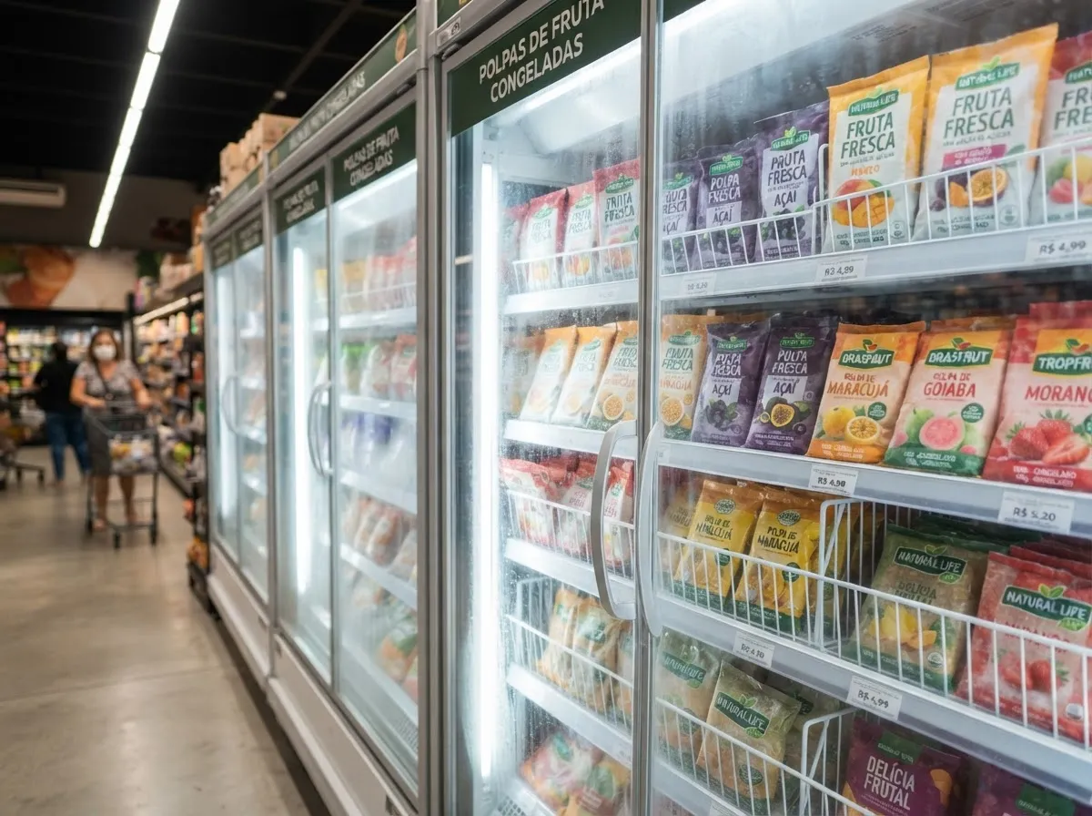 Neveras comerciales con pulpa de fruta congelada en un supermercado.