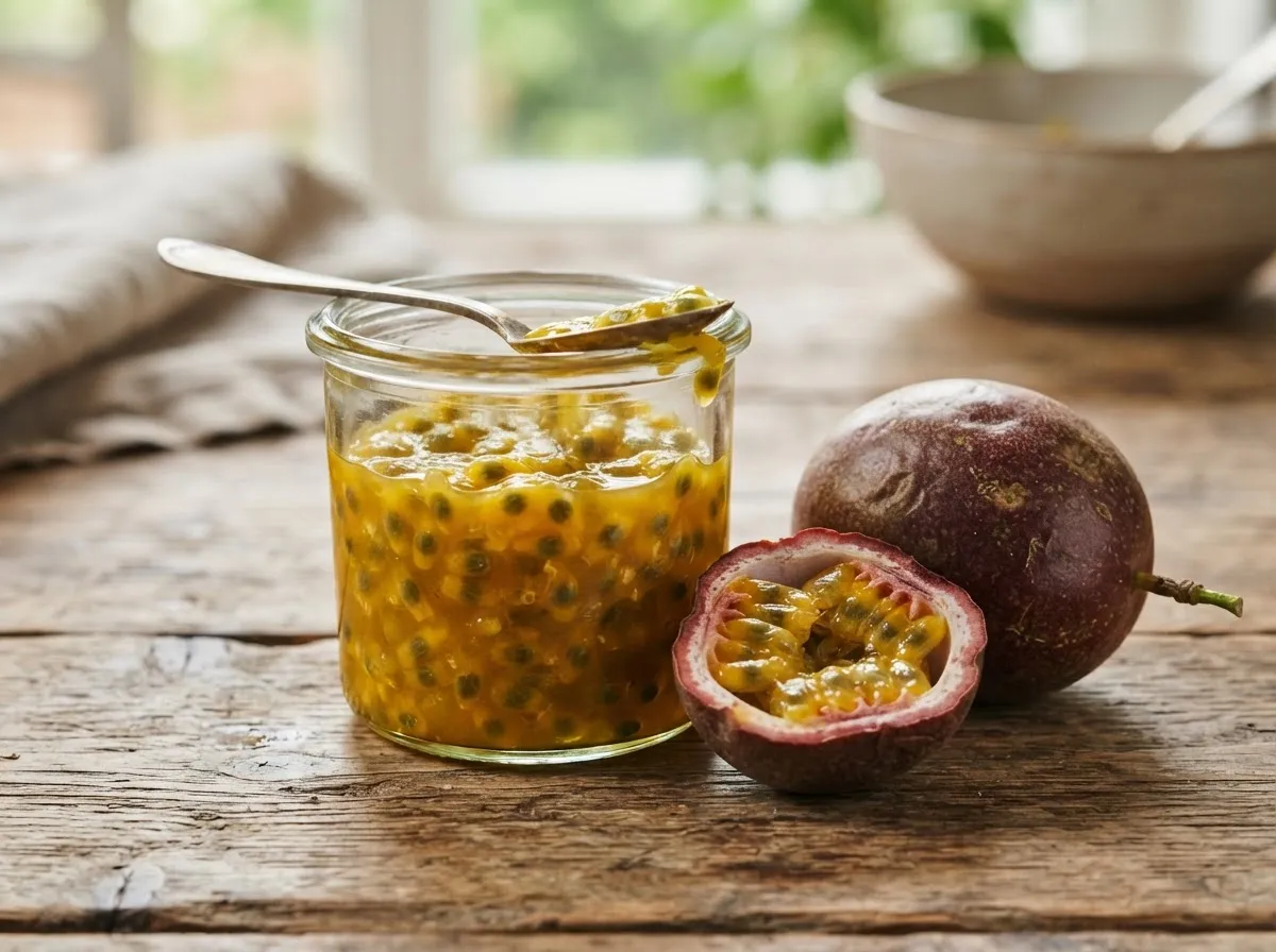 Pulpa de maracuyá con fruta fresca al lado.
