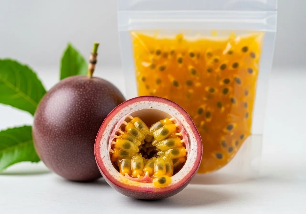Maracuyá fresca y pulpa envasada.