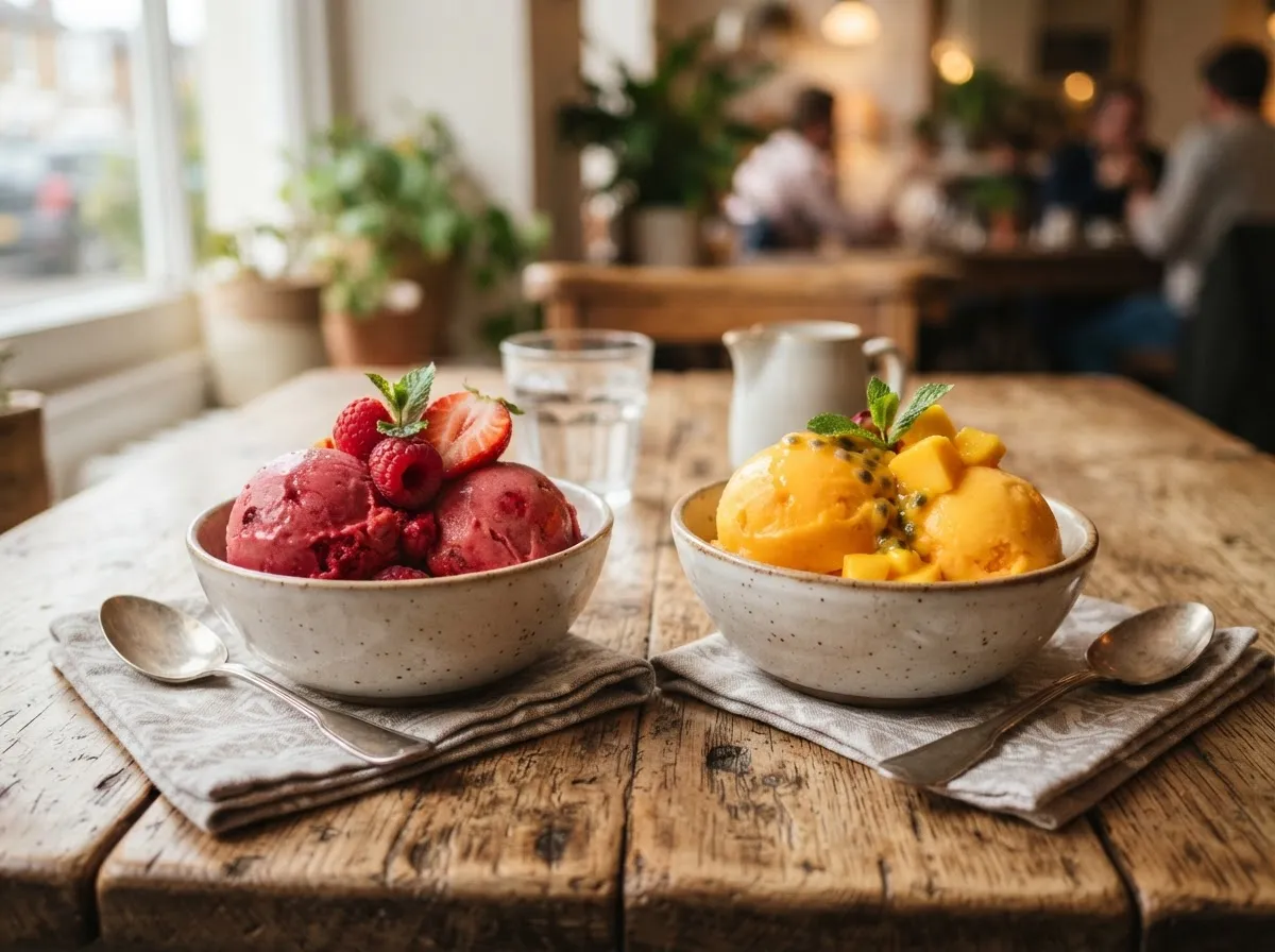 Dos helados de pulpa de fruta en un ambiente acogedor.