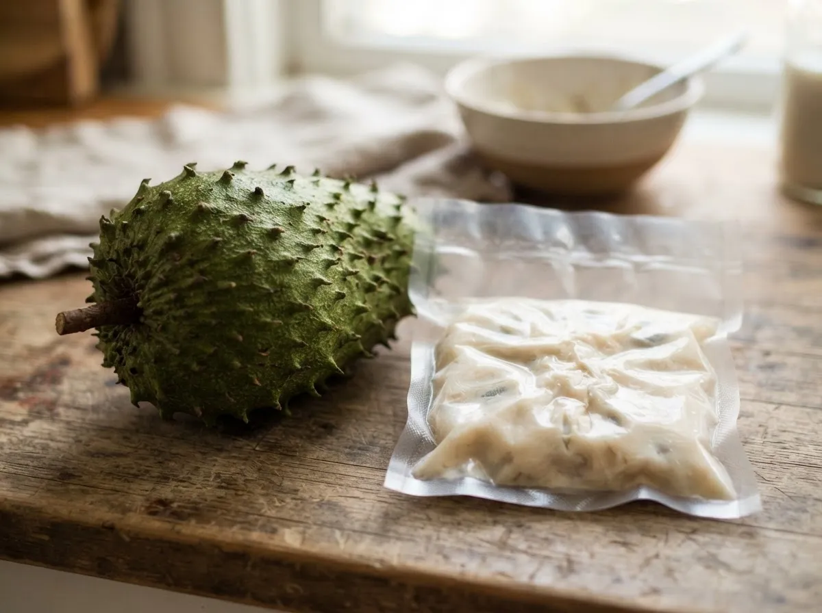 Pulpa de guanábana empaquetada y fruta fresca.